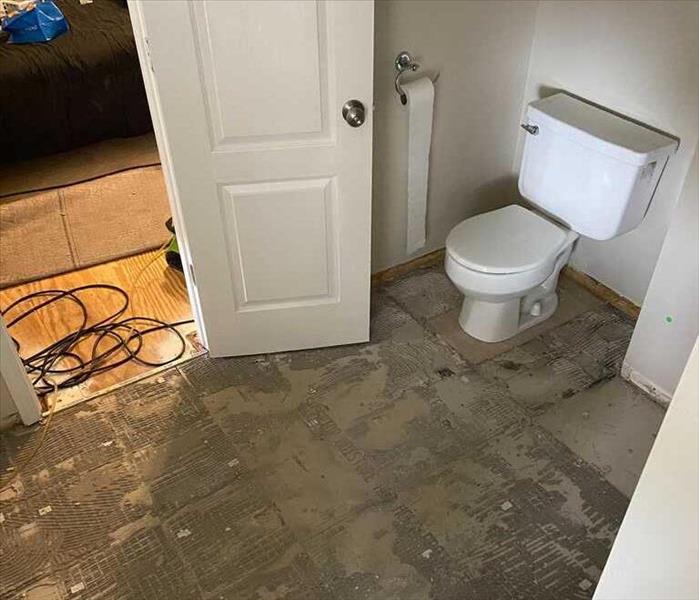 White toilet in a bathroom with bare concrete floors. 